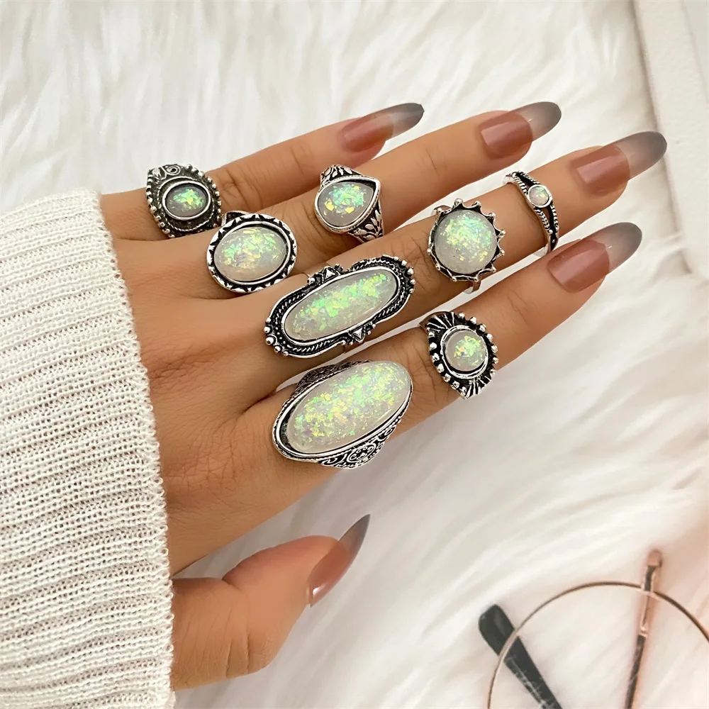 VKME Vintage Silver Color Rings Sets Colorful Opal Crystal Stone Carve For Women Bohemian Jewelry