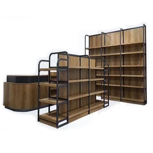 Popular wooden fruits and vegetable display shelf steel wooden combined shelf supermarket steel wood shelf