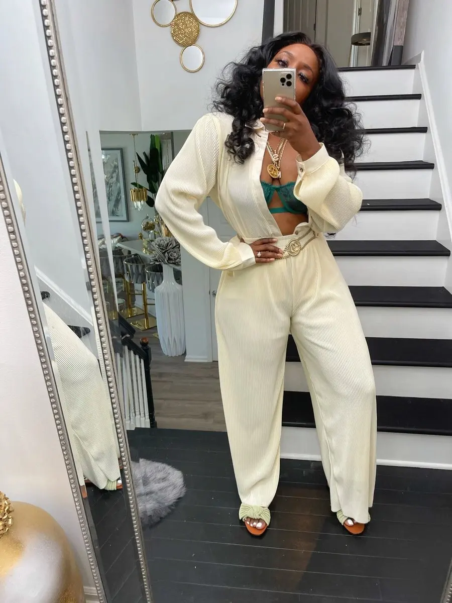 LD81060 New Arrival Casual Solid Beige White Sets Shirts and Pants Lounge Wear Fall Clothing Two Women Piece Sets