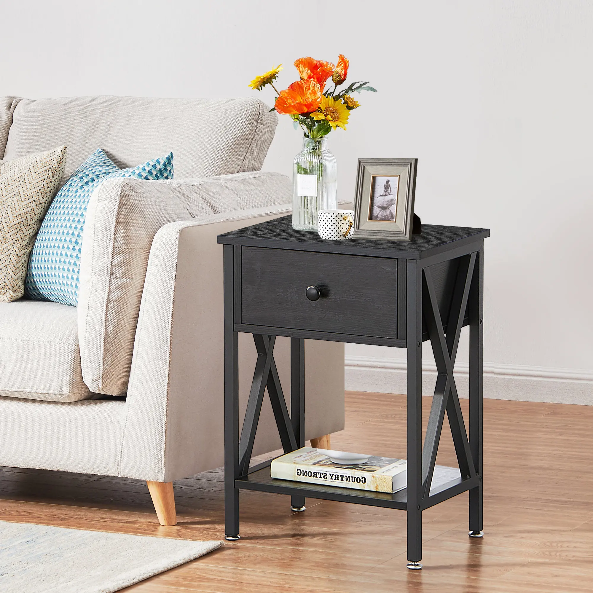 Milestone Modern Design Bohemian Style Metal Flip Top Smart Nightstand Bookcase Bedside Table for Bedroom