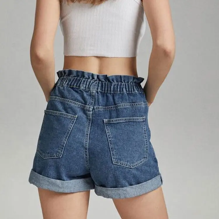 Summer New Style Elastic Waist Roll Up Hem Denim Paper Bag Shorts For Women