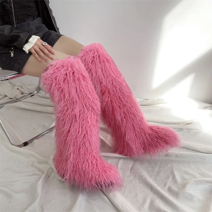 BUSY GIRL RS4735 Women Thigh High Boots with Fur Thick Leg Friendly Size 13 Flat Fluffy Fuzzy Faux Long Mongolian Fur Boots