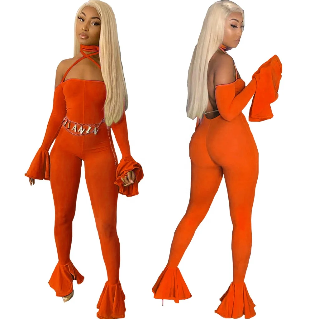 
Hot Sale backless women sexy club party ramper neon pants and sleeve flare bell bottom off shoulder jumpsuit 
