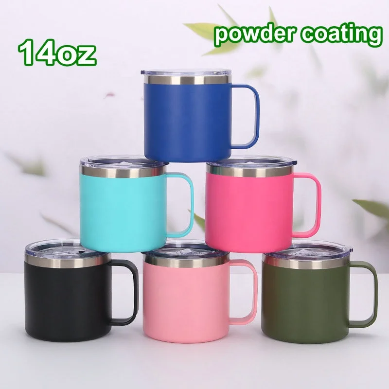 custom powder coated double wall stainless steel ramblers tumbler 14 oz mugs  with handle with lid