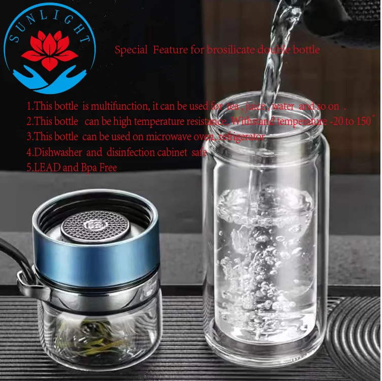 Factory   Price  Tea Infuser Glass  Water Bottle 400ML Double Walled Tea Flask Bottle With Lid