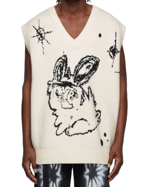 OEM ODM  Custom design jacquard striped design crew-neck loose knitted sleeveless men pullover sweaters vest