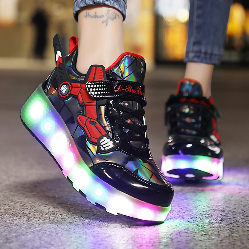 Wholesales Kids Roller Skating Shoes Adjustable Flashing Roller Shoes Two Wheel Led Light Flying Sneakers
