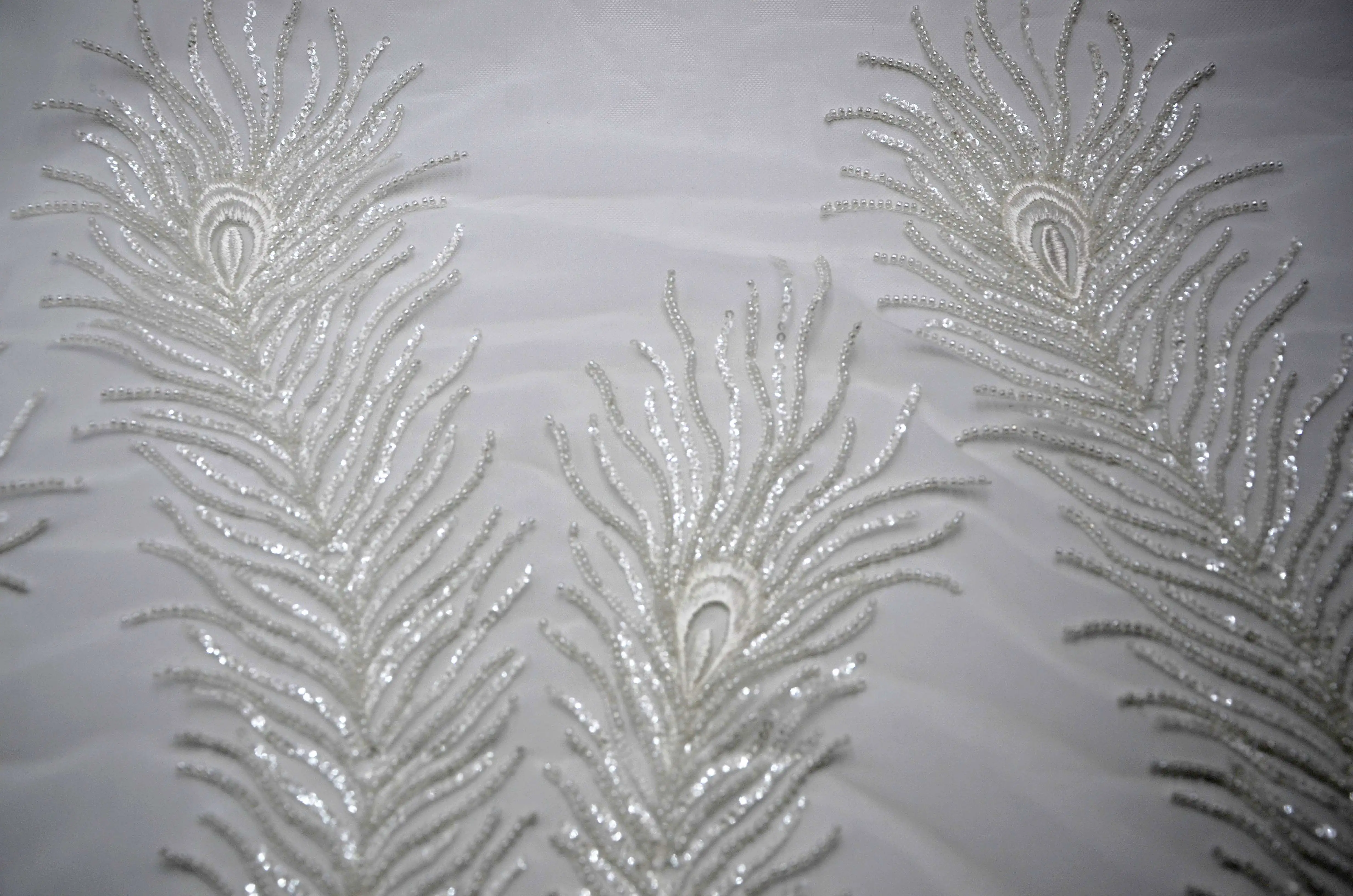 High-quality Fashion beautifully embroidered peacock stripes shape wedding dress high luxury lace fabric