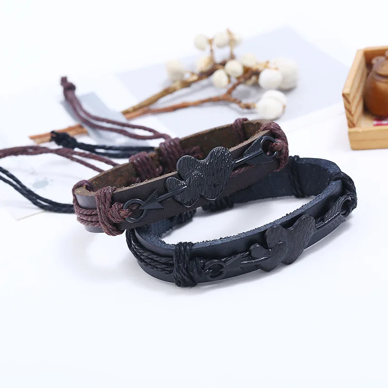 New arriver black metal double heart leather  bangle black and brown imitation leather bracelets charm men jewelry
