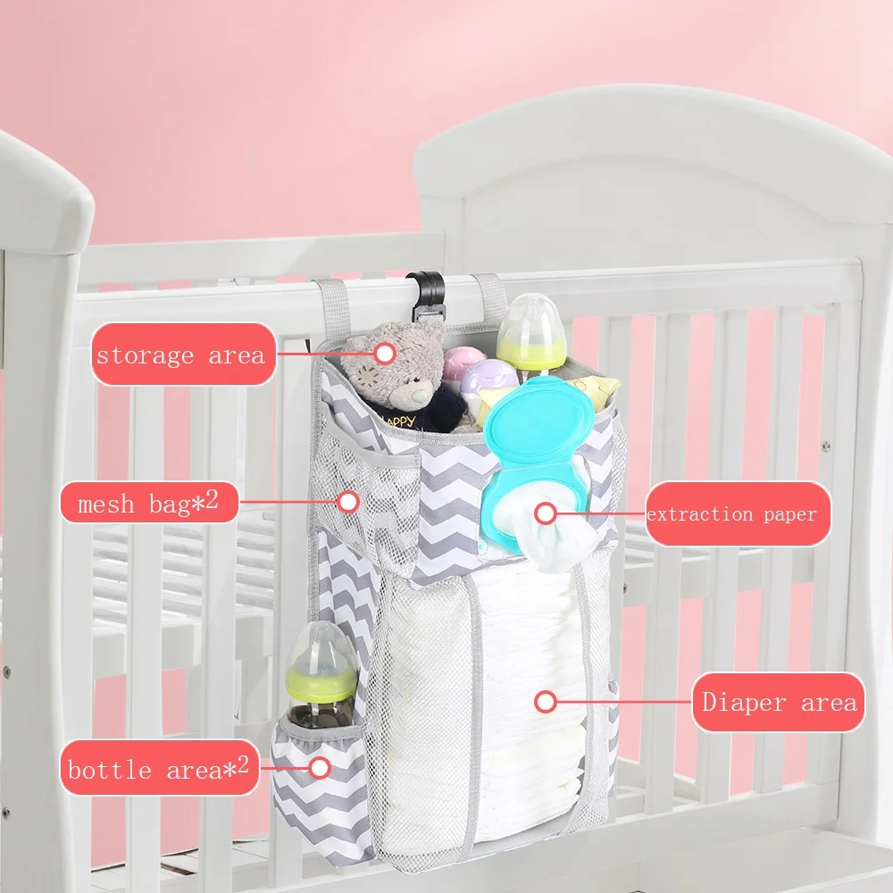Latest New Gary Striped Oxford Cloth Pp Board Baby Hanging Baby Nursery Bedside Organizer With Mesh Bag