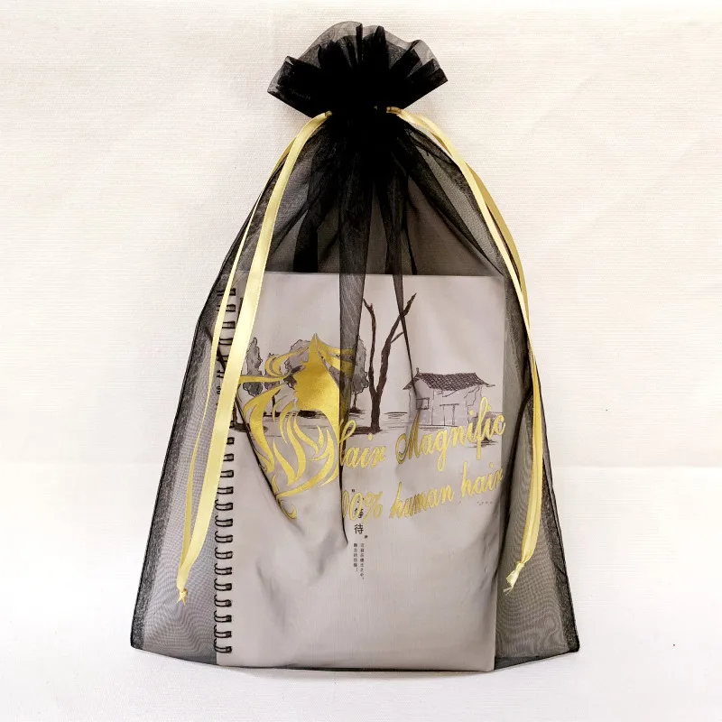 
Hot sale custom black organza gift pouch packing wig drawstring with logo for ladies 