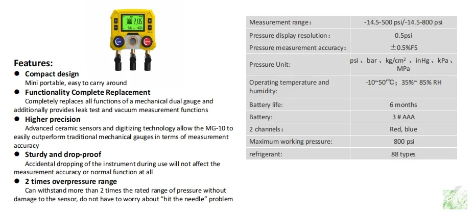 HOT portable MG-10 Multi-functional  HVAC pressure Gauge Digital Manifold Gauge for 88 types Refrigerant leakage detection