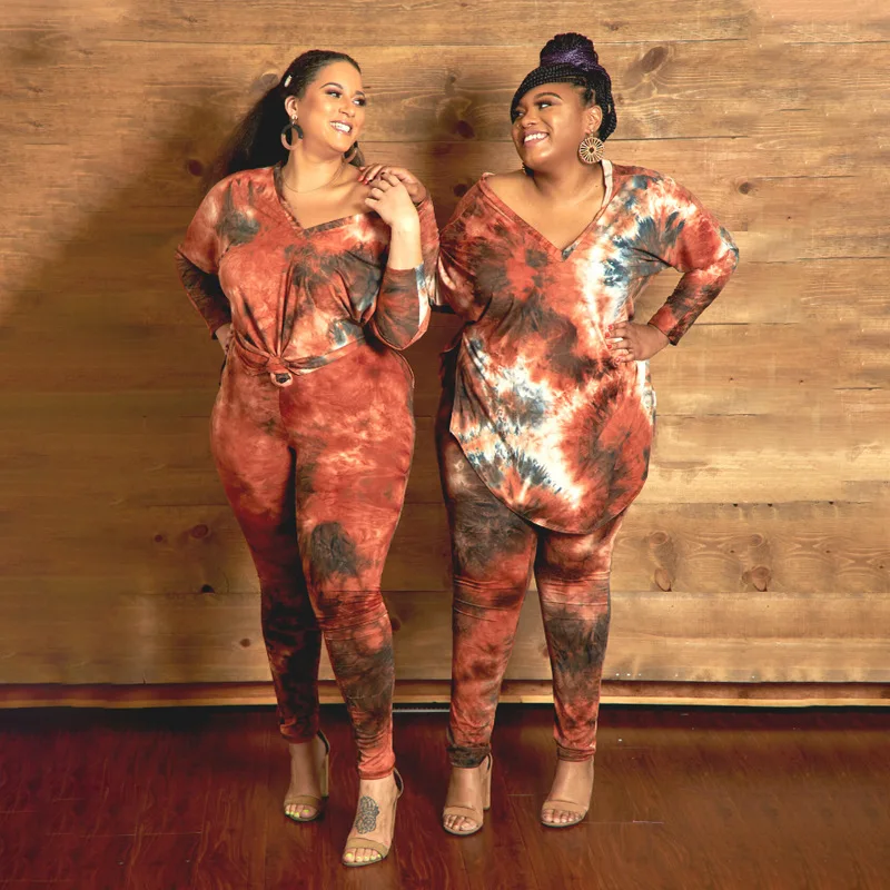 2021 New Arrivals Bodycon Tie Dye Clothing Outfit Plus Size 2 Piece Set Women