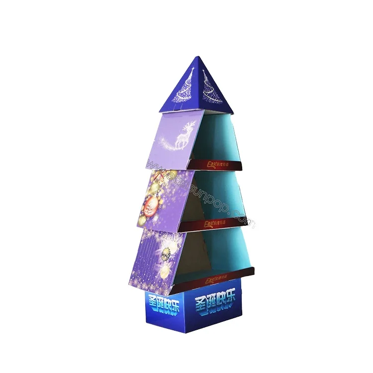 Custom Christmas tree shape color printing cardboard floor stand display rack