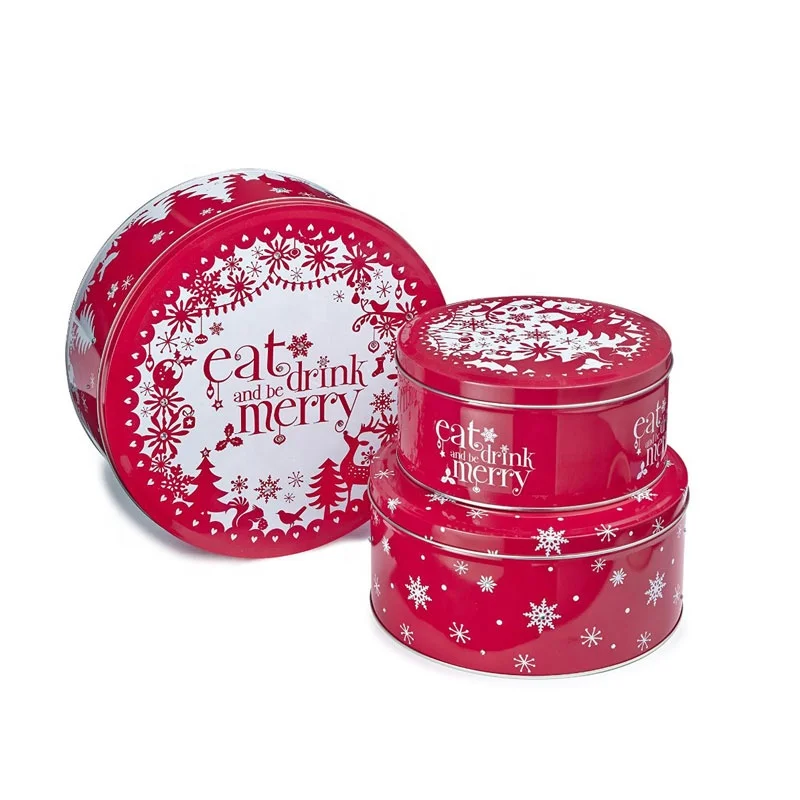 Christmas Cookie Holiday Tins Candy Tin Boxes Xmas Tinplate Box Round Shape Custom Tin Can