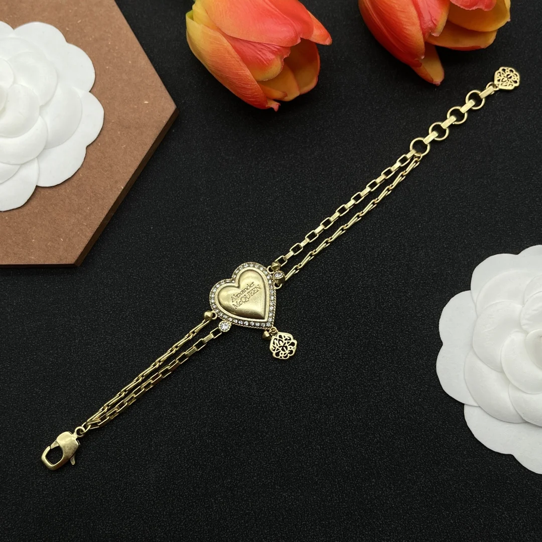 Alexanderxx McQueens Factory Wholesale 925 Silver Punk Style Two-color Heart-shaped Zircon Pendant Bracelet to Give to Friends