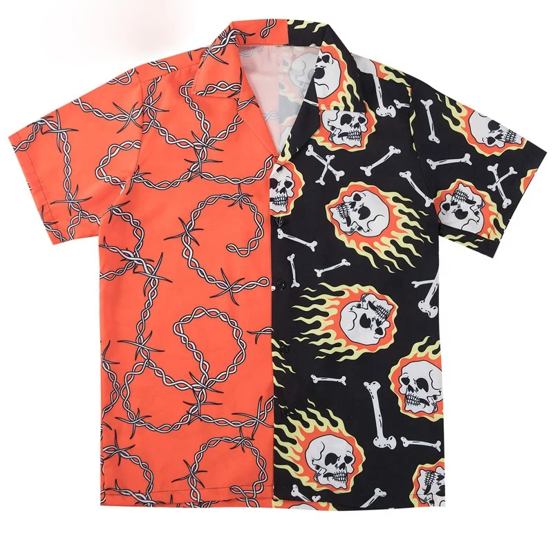 Free Sample Skull Chain Bone Print Color Block Patchwork Hawaiian Shirts Hip Hop Casual Short Sleeve Button Down Tops Streetwear