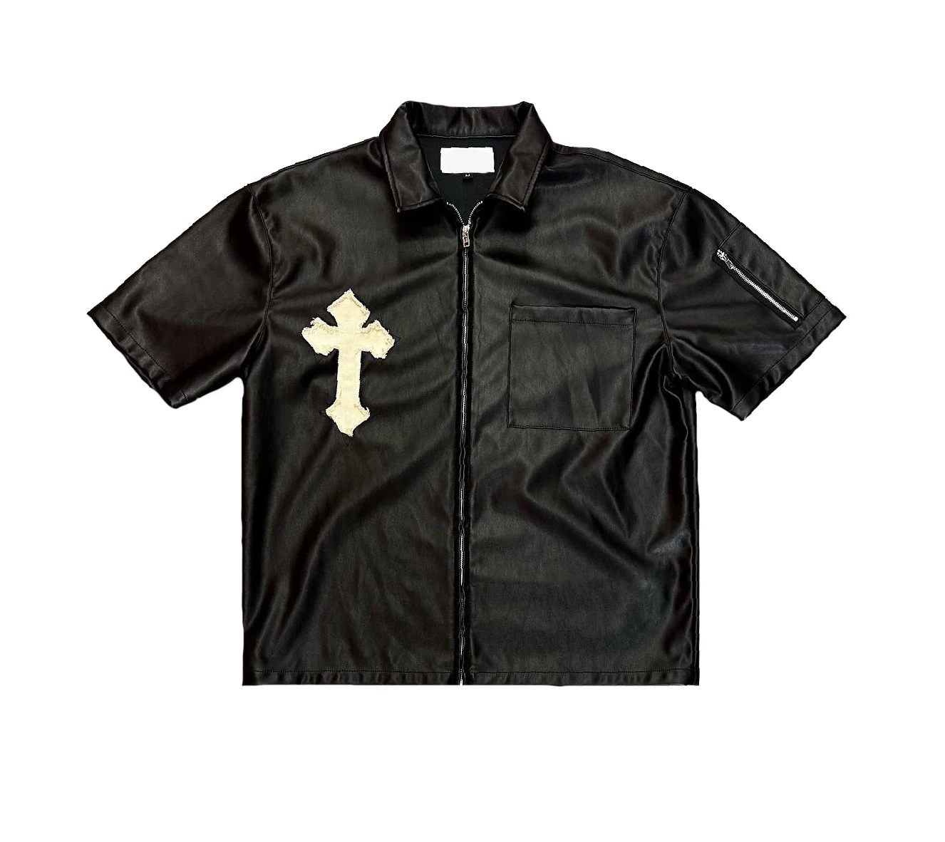 Custom Patch Oversized Short Sleeve Collar Zip Up  Applique Embroidery  With Logo Vintage Boxy Leather T Shirt