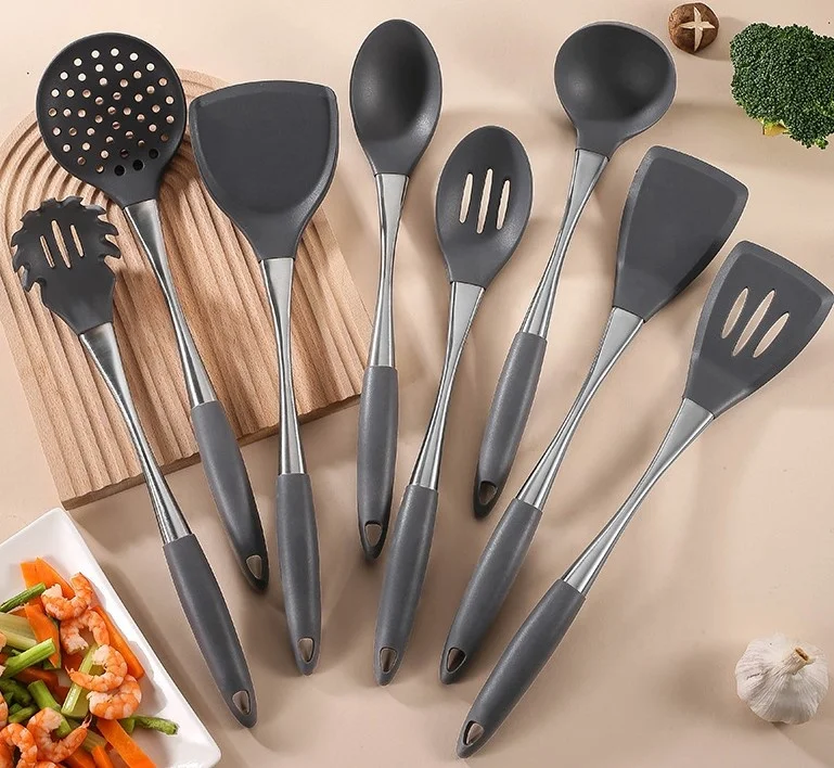 100% Eco-friendly Food Grade Cooking Tools 8pcs Kitchen Utensil Set Silicone Stainless Steel Cooking utensil Tools Kitchenware