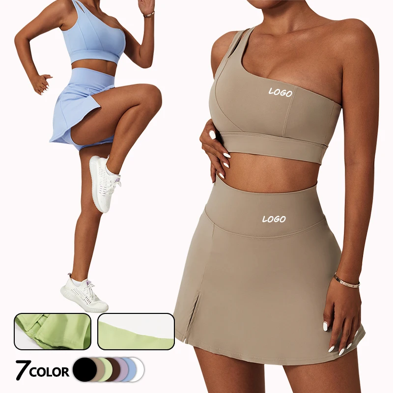Yoke High quality sport skirt quick drying sexy one shoulder women suit set white tennis skirt 2 piece set women skirt and tops