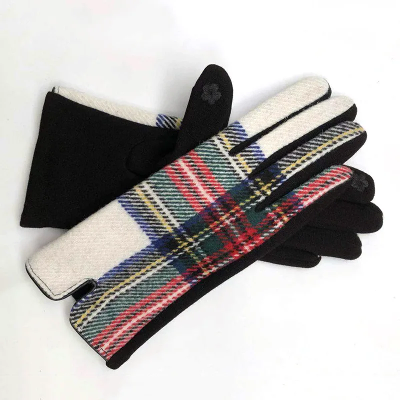 Women Winter Gloves Touch Screen Thick Warm Adult Hand Outdoor Mittens Plaid Gloves