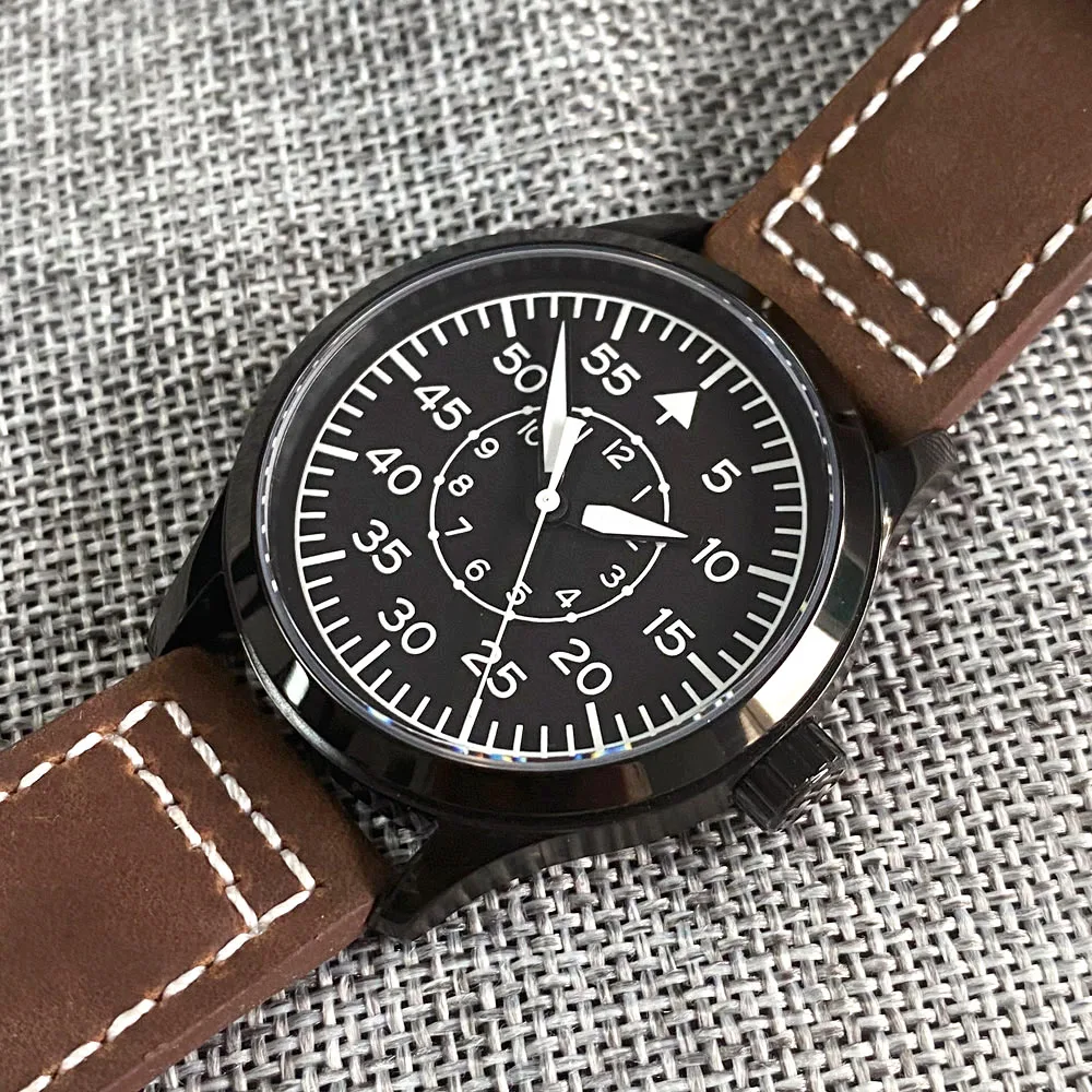 Oem CORGEUT Sport Black Steel Automatic Watch for Men MIYOTA 8215 Movement Pilot Wristwatch Custom Logo Wholesale Leather Band