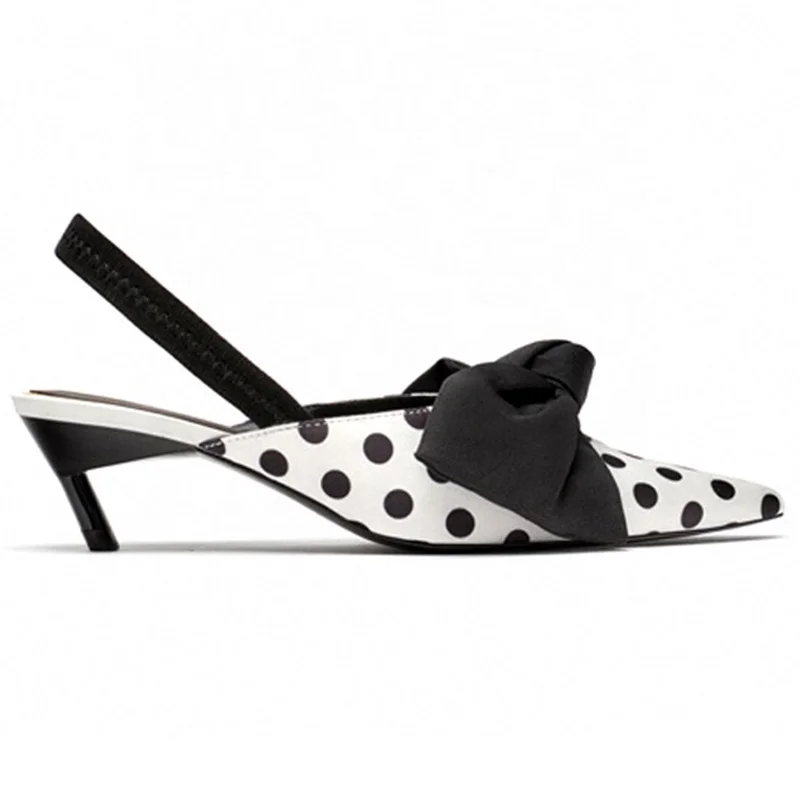 chengdu shoes  Summer Polka Dot Women Sandals Bowtie Kitten Heel Women Mules Pointed Toe Slingback High Heels Sandal Women Pumps