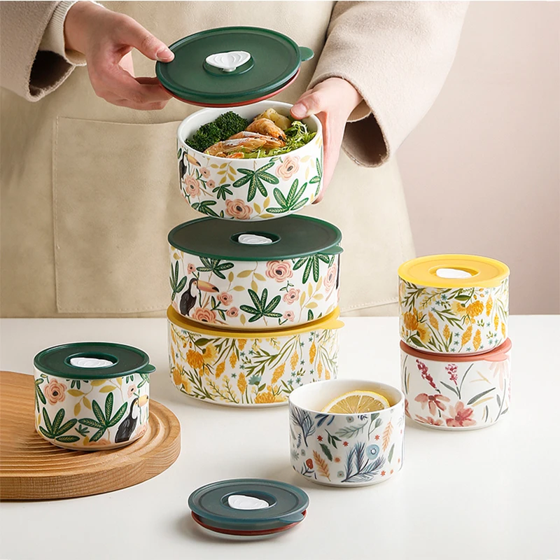 Wholesale Cheap Porcelain leak-proof Serving Dinnerware Fresh-keeping Bowl Ceramic Bowl with Lid