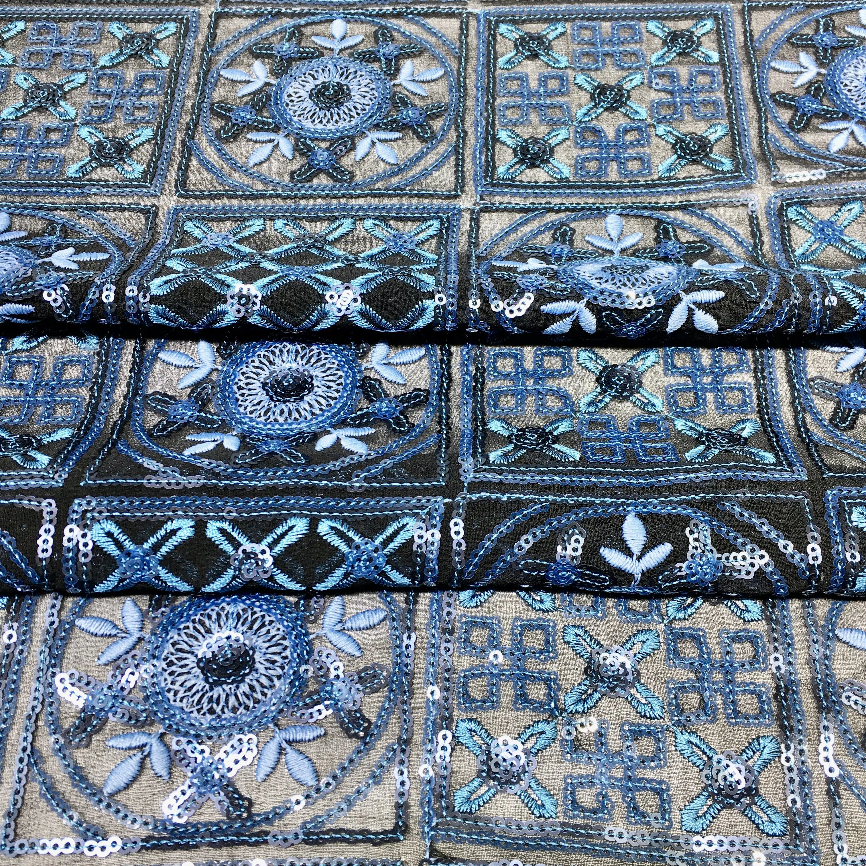 
Polyester chiffon mesh graphic 3mm sequin decorate floral chiffon embroidery fabric for garment 