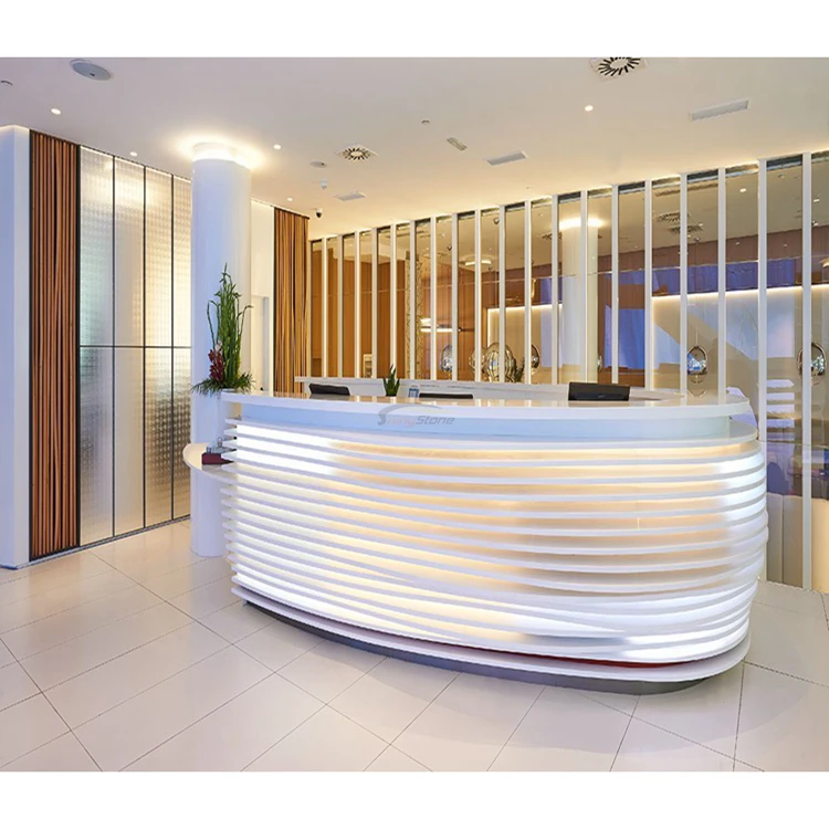 Alluring lighting show funky shape acrylic solid surface white round reception desk