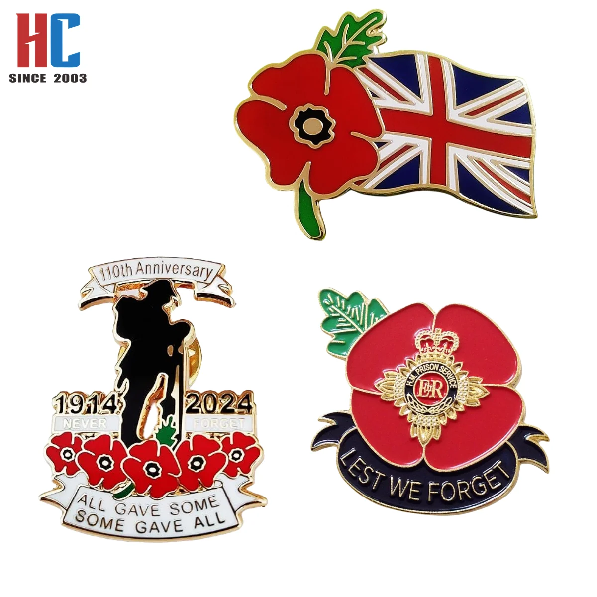 20 Years  Factory Custom Metal Flower Brooch Pins New Veterans Day Poppies Bulk Memorial Day Lapel pin with velvet box