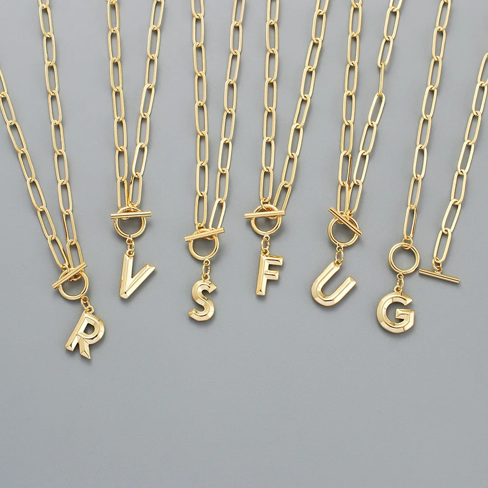 New letter necklace real gold trend ot chain paper clip chain 26 English letter Pendant