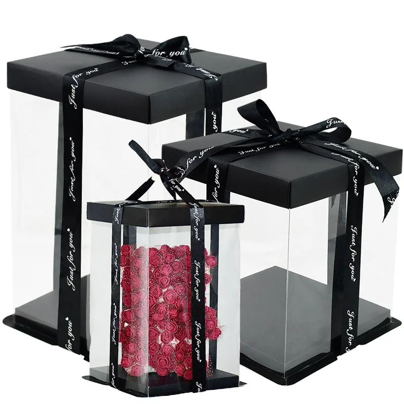 20 28cm Transparent Gift Box Artificial Flower Rose Bear Packaging Box For Valentines Wedding Birthday Gift Cake Decor Clear Box