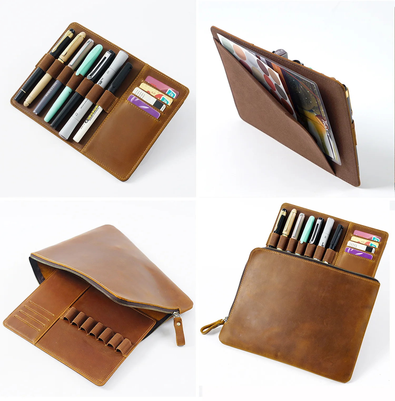 Large Capacity Crazy Horse Leather Pen Case Zippered Pencil Pouch Handmade Cow Leather Pen Bag For Student