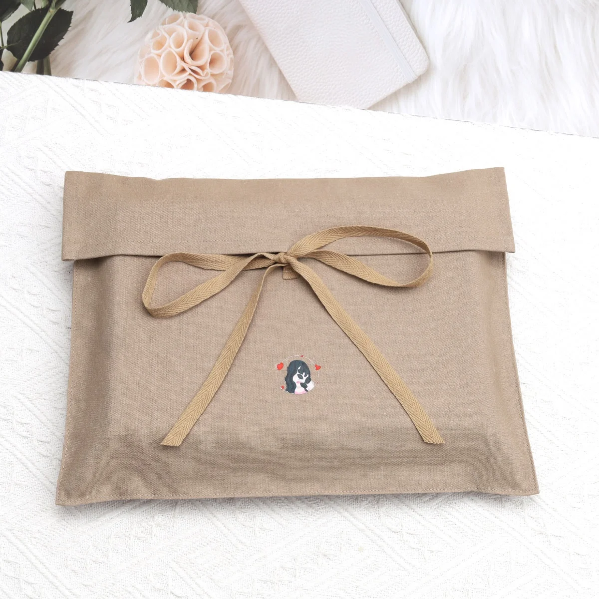 Reusable Custom Logo Printed Brown Cotton Linen Envelope Handbag Dust Bag Soild Scarf T-shirt Clothes Storage Muslin Pouch