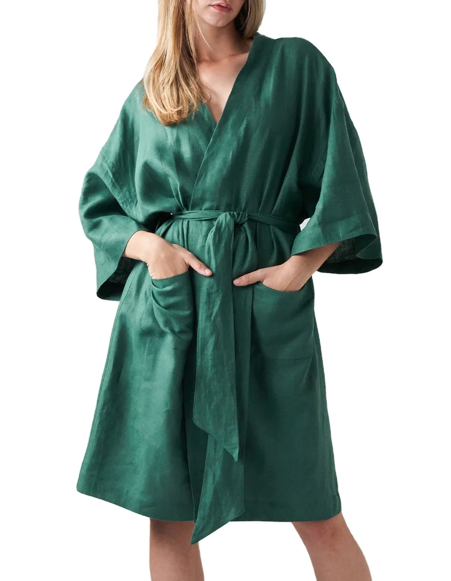 100% Linen Relaxed Long Robe Women Sleepwear Lounge Wear Nightdress Casual  Loungewear Pajama Custom Ladies Loose Fit Spa Robes