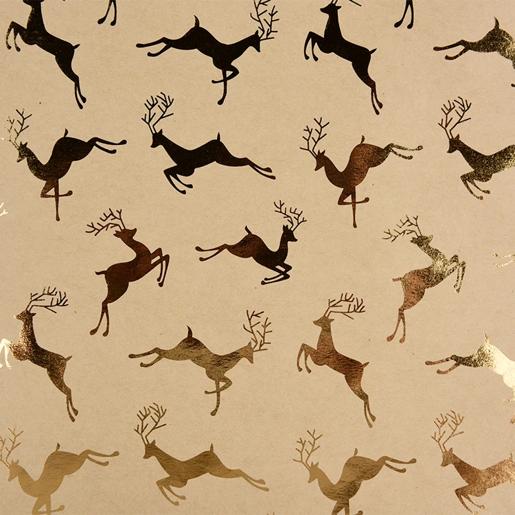 
48pcs/ctn New hot stamping Craft Paper Gold Reindeer Brown Kraft Gift Wrapping Paper Roll for Christmas 