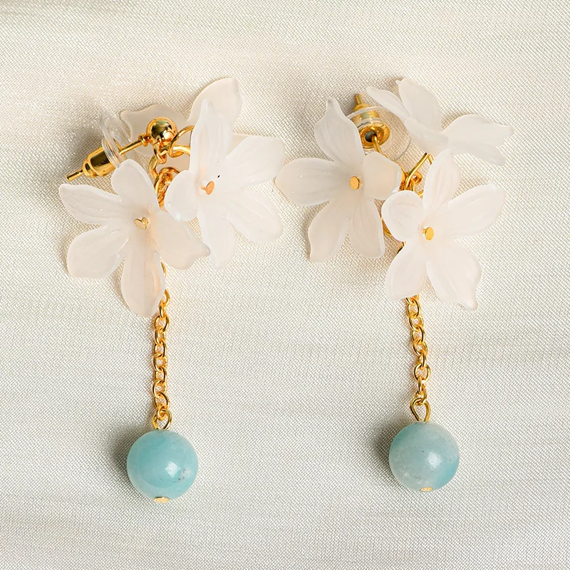 New Bohemian Handmade Natural Stone Beaded Stud Earrings Flower Round Stone Beads Healing Crystal Earrings for Women