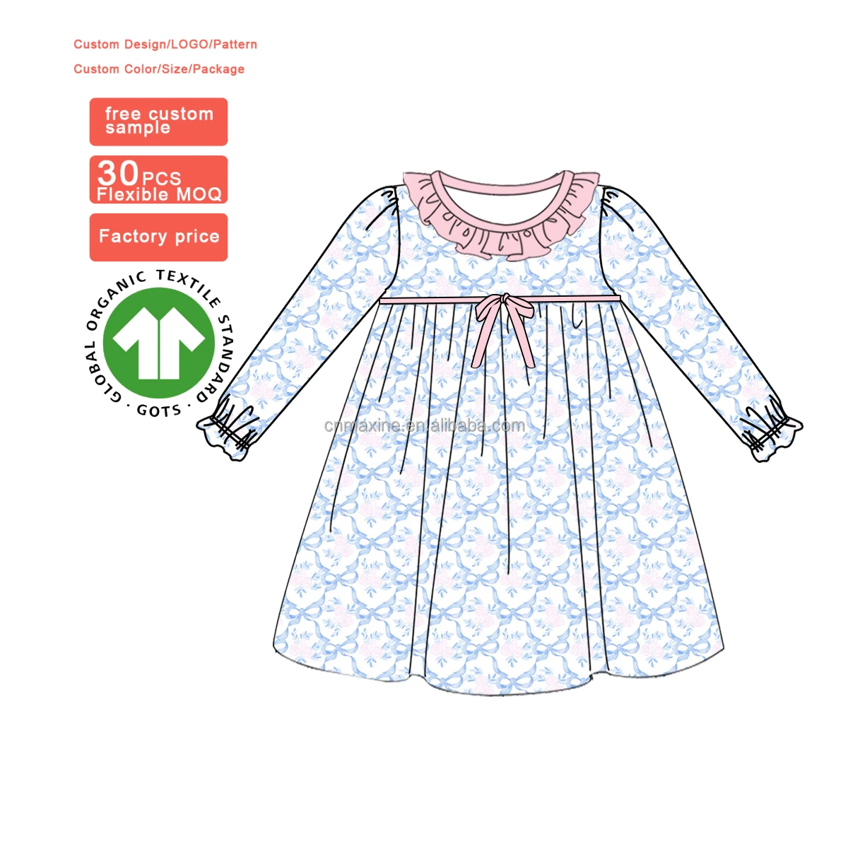 Hot Sale Custom design Girl Dress Sweet Bow Design Long Sleeves Girls Dress For spring