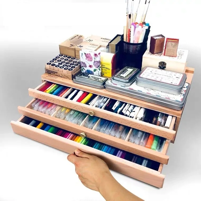 4 Drawer Wooden Artist Storage Supply Box for Pastels, Pencils, Pens, Markers, Brushes and Tools