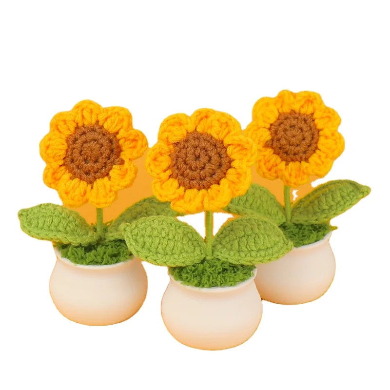 Wholesale Handmade Woven Sunflower Tabletop Decoration for Home Decor Various Styles Potted Woolen Flowers