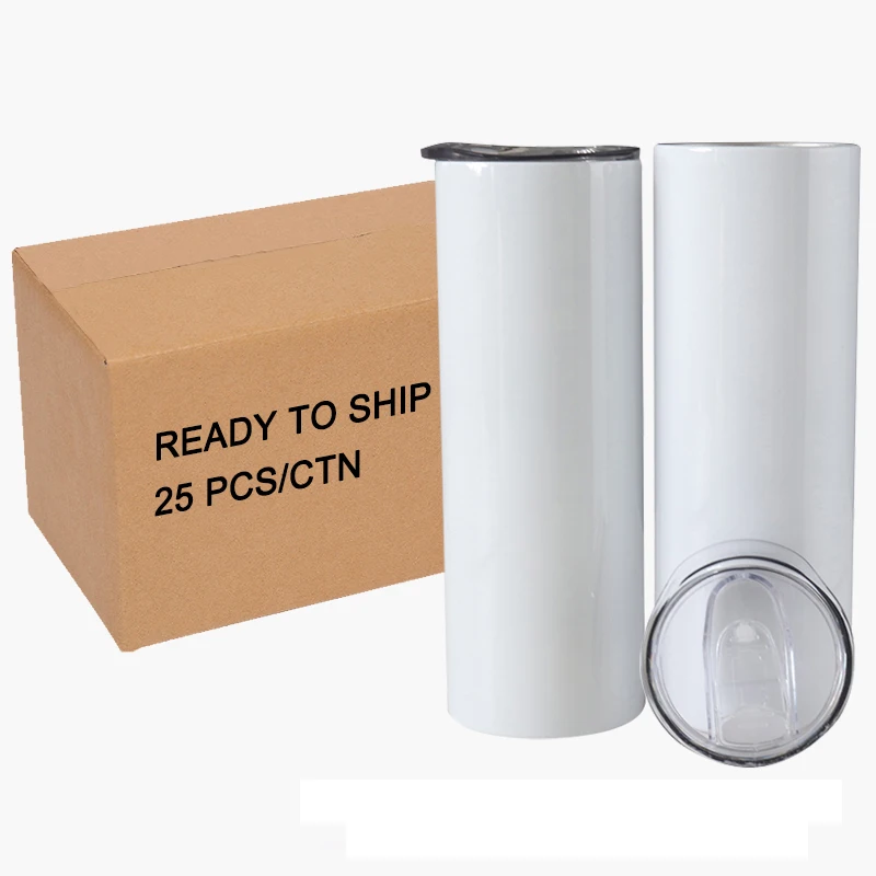 304 Stainless Steel Metallic Sublimation Rubber Bottom 20 Oz Insulated Straight Double Wall White Tumblers With Straw and Lids