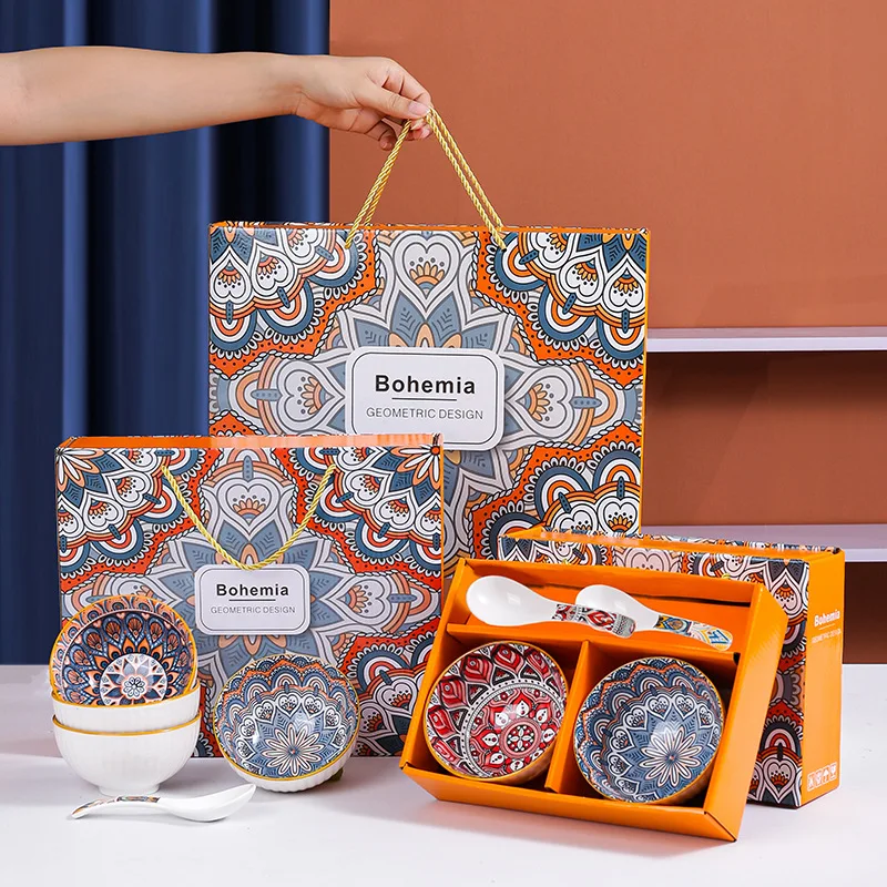 4.5inch Bohemian Style Ceramic Bowls with spoon Set Porcelain Bowl Set Rice Bowl For Gift Christmas