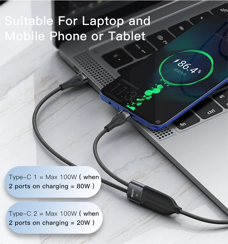 YESIDO Max 100 Вт Супер быстрая зарядка 2 в 1 кабель с разъемами типа C и USB для передачи данных ноутбука планшета мобильного телефона