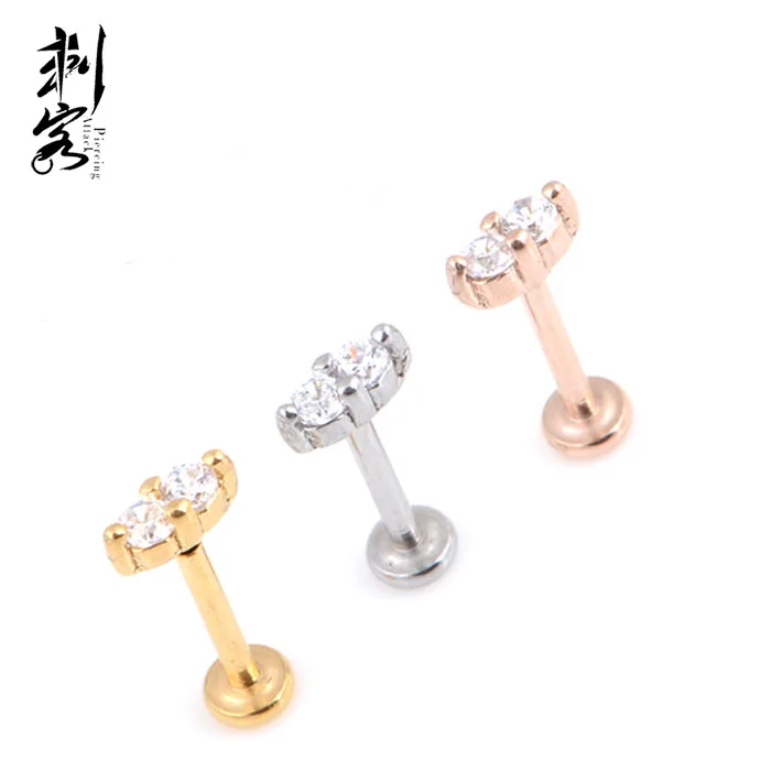 Threadless Top 316L Stainless Steel Labret Ring with 2 CZ Push Fit