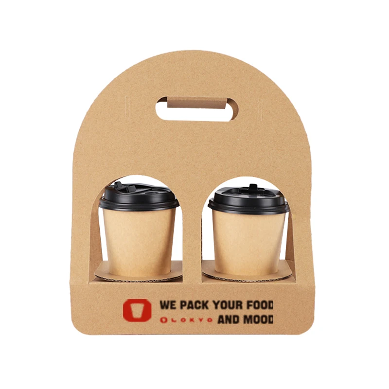 LOKYO wholesale foldable 2 cups holder kraft paper 1 piece folding portable paper cup holder