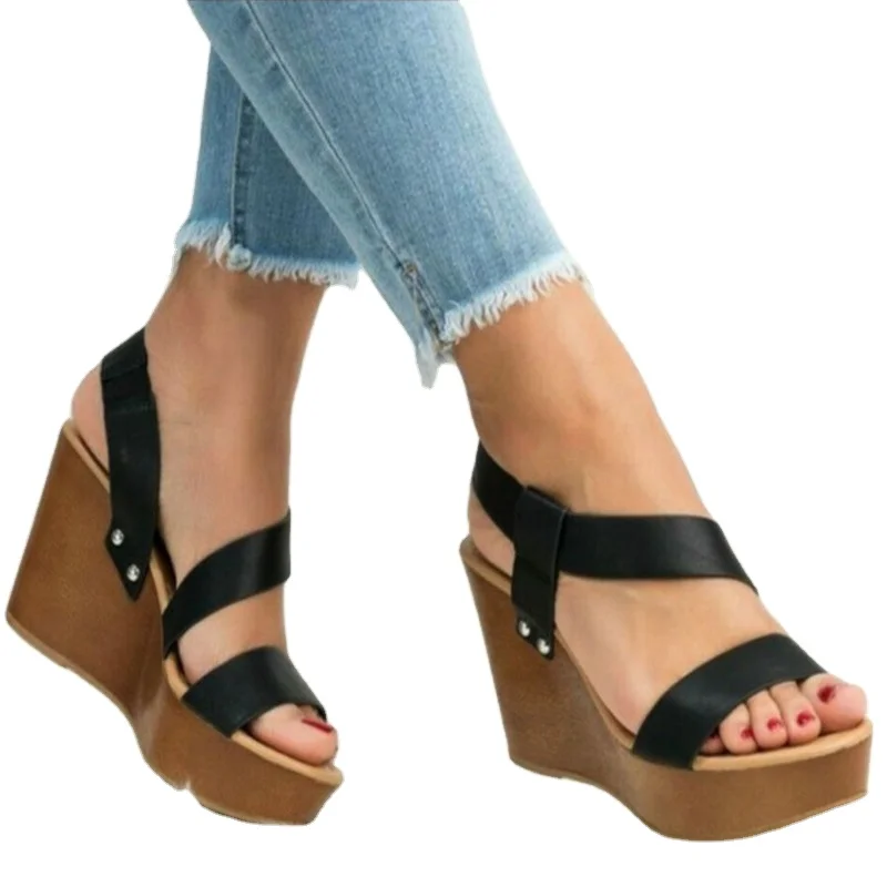 Hot Selling Wedge Heels Sandal Summer Open Toe Black Ankle Strap High Heeled Sandals