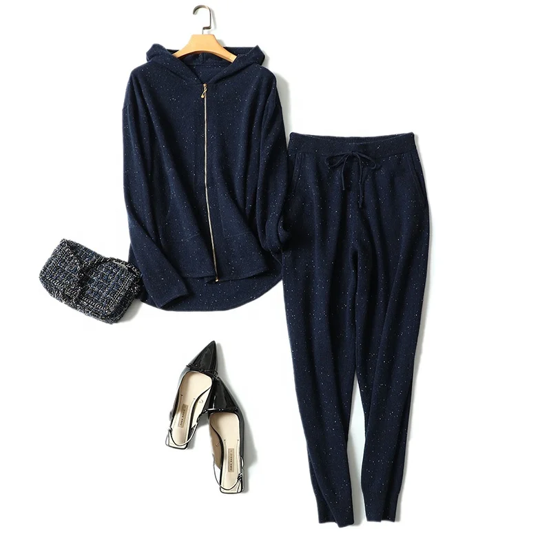 women hooded cardigan with zipper top and casual with belt pocket pants together sports high quality cashmere sets sweater
