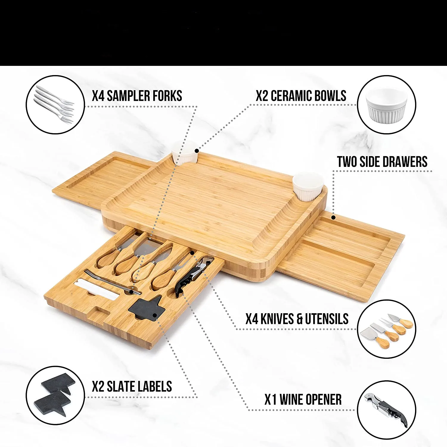 Bamboo Cheese Board and Knife Set Extra Large Charcuterie Platter Set 3-sided Serving Tray with Kitchen Accessories