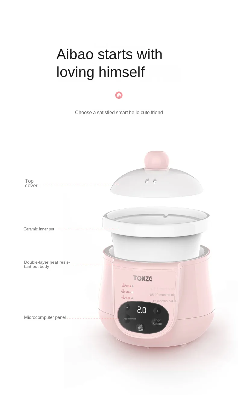 Tonze Smart Preset Mini Ceramic Slow Cooker 1L For Soup Baby Porridge Bird Nest Electric Crock pot